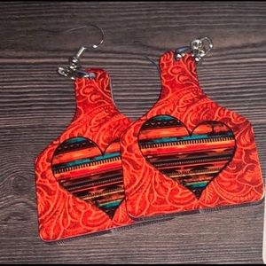 Serape Heart on Tooled Leather Earrings